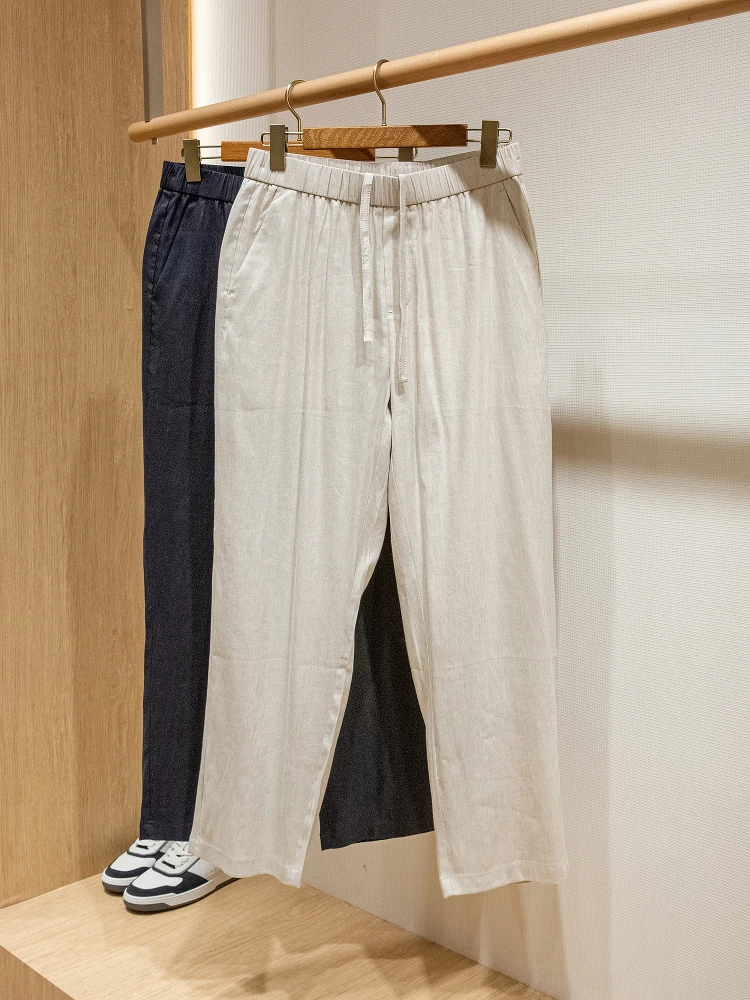 

LP версия льняной смеси old money джентльмен летние прямые повседневные брюки с эластичной резинкой на талии