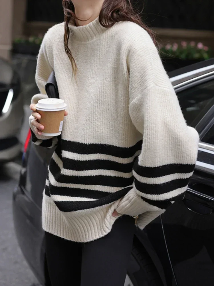 

Loose Vintage Sweater Stripe Knitted Half High Neck Light Women's Sweaters Warm Autumn/Winter New Fashion Pullover Women PH175