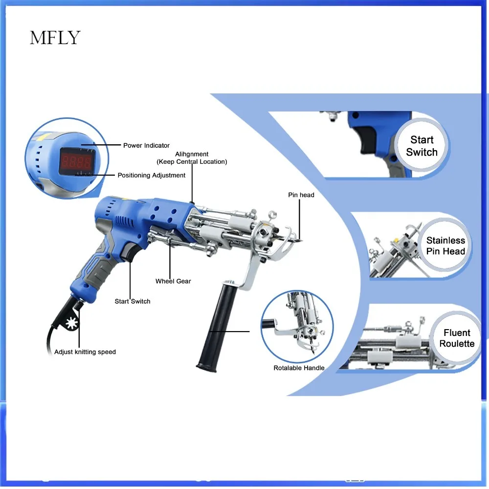Elektryczny pistolet do tuftingu dywanów AK-V 2 w 1, maszyna do tuftingu 120W z wyświetlaczem cyfrowym i oświetleniem, zestaw do tuftingu, tkactwo dywanów, flokowanie.