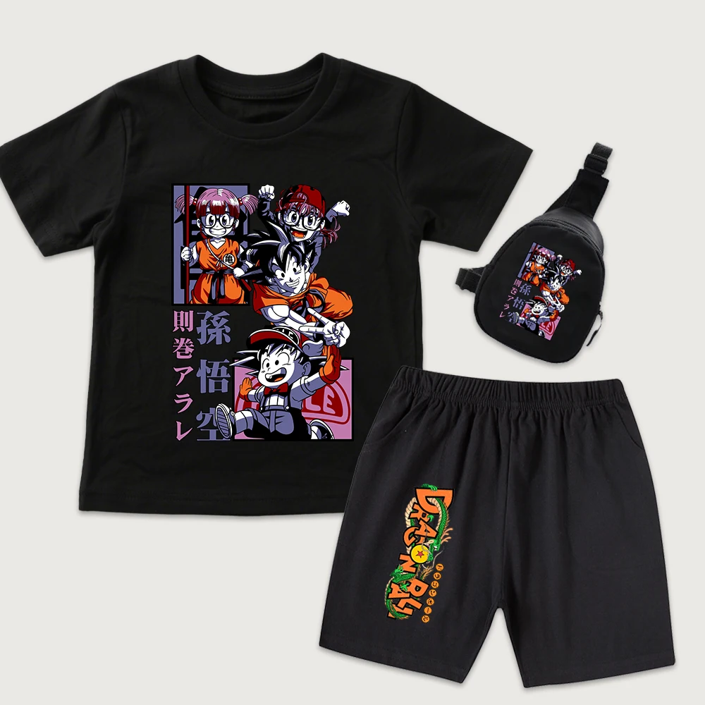 Dbz Goku x Arale Anime Print Kids Boys Girls Cotton T Shirt Shorts Mini Chest Bag 3pcs Set Casual Summer Outfit