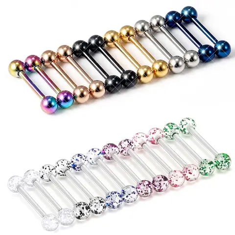 Anneaux de langue en acier pour femmes et hommes, 14g, 14mm, 16mm, 18mm, paillettes acryliques, boule en acier, piercing corporel, 2 pièces