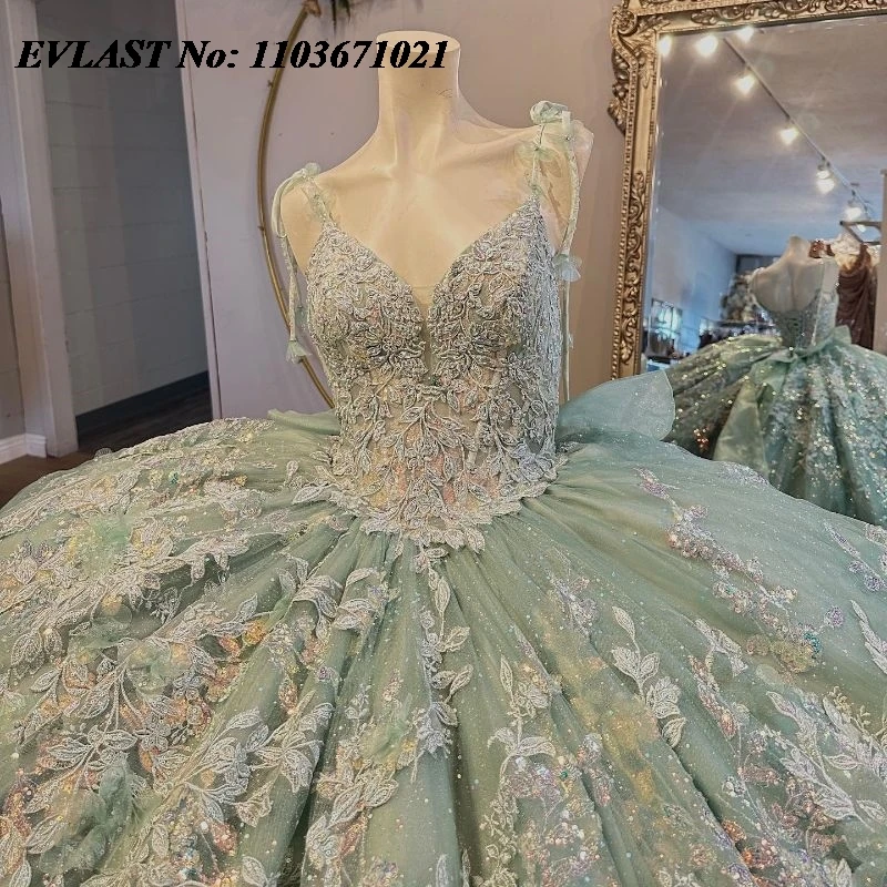 EVLAST Customized Mint Green Ball Gown Quinceanera Dress Lace Applique Beading Mexico Bow Sweet 16 Vestidos De XV 15 Anos SQ188