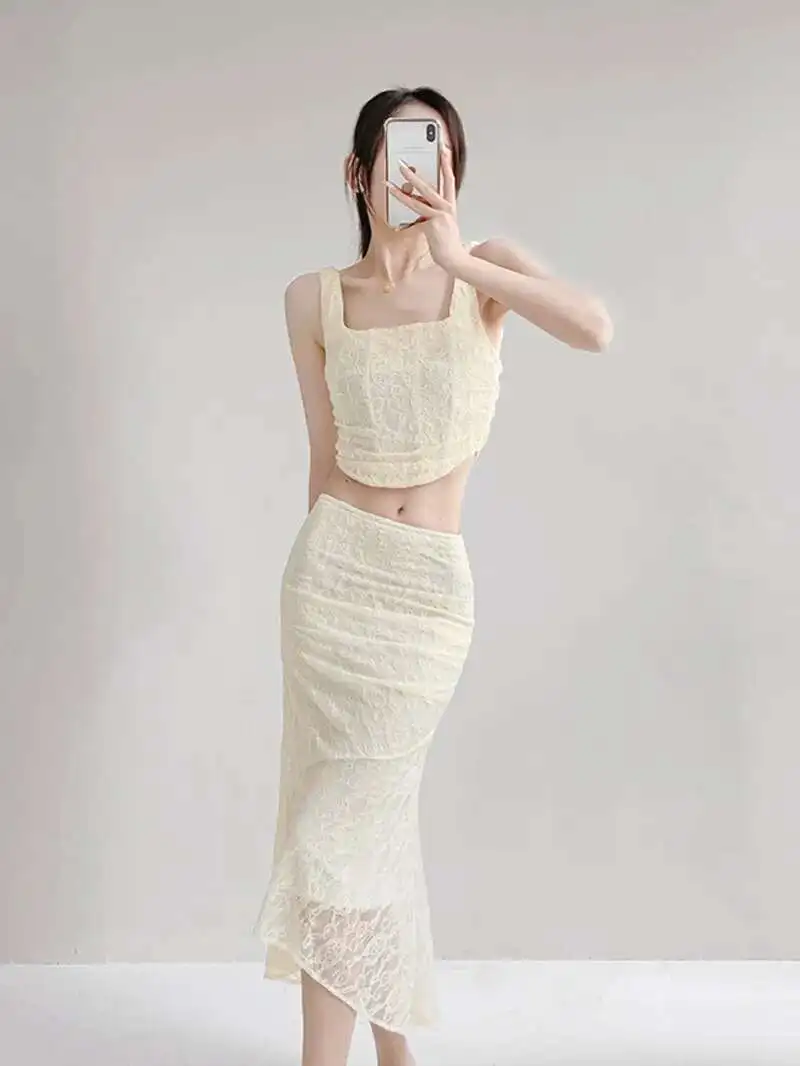 

American Style European Women 2024 Summer New Sexy Backless Lace Up Sling Top French Lace Fishtail Skirt Two Piece Set 7G6W