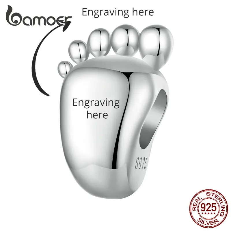 

Bamoer 925 Sterling Silver Custom Baby Footprints Charm for Women Engraved Baby Foot Bead Fit Bracelets Necklaces New Mom Gift