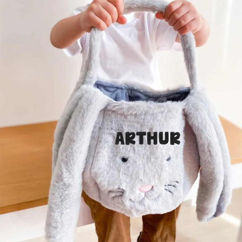 Personalized Custom Name Fluffy Bunny rabbit bag Egg Hunt game basket happy Easter Party decoration family kid boy girl gift