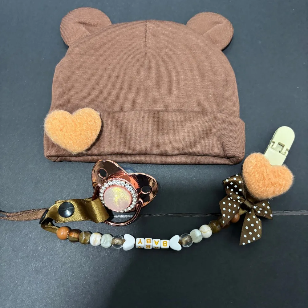 Newborn Cartoon Pacifier with Custom Clip and Hat 3 in 1 Set Soft Cotton Silicone BPA Free Cute Knit Cap Daily Wear Stroller