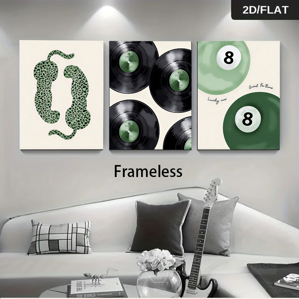 Multiple sizes 3pc frameless Canvas Painting modern living room triptych: green leopard print vinyl record and billiards set (8-