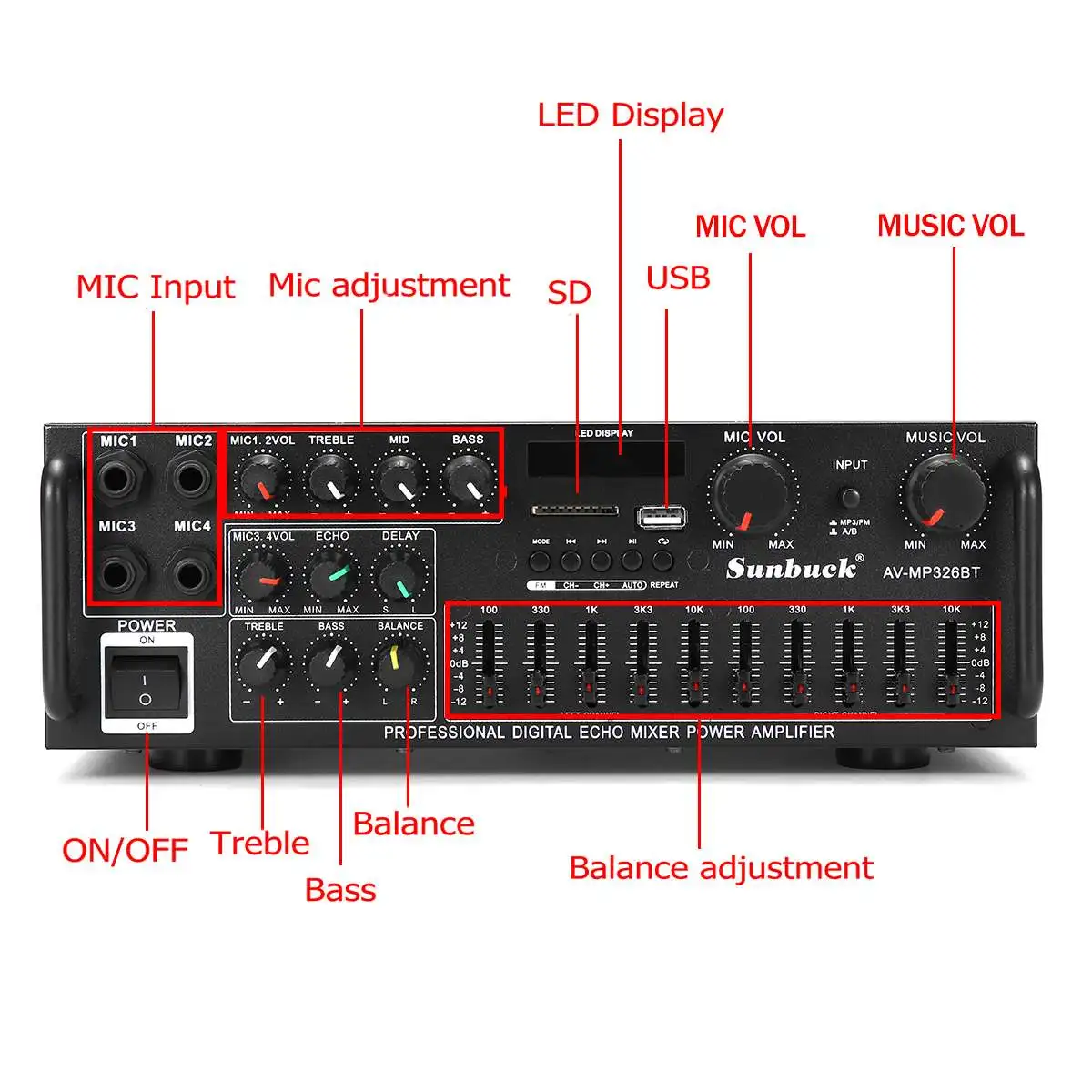 Sunbuck 326BT 2000W 2.0 Channel bluetooth Audio Power Amplifier 12V/220V AV HiFi Amp Speaker with Remote Control for Car Home