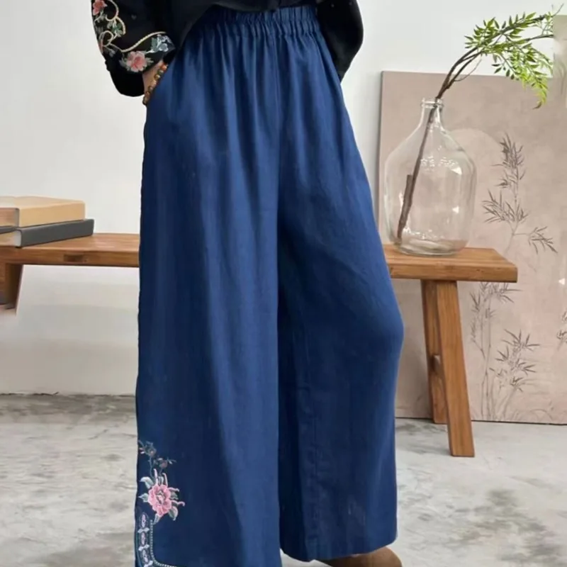 Embroidered Cotton and Hemp Summer Ethnic Style Leisure Art Retro Splicing High Waist Loose Solid Color Loose Wide Leg Pants