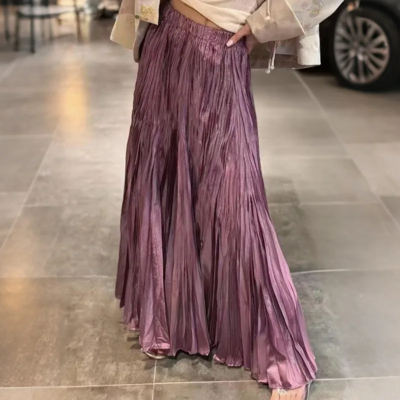 HKSH Women Skirt Pleated Solid Color Elastic Waisted High-end A-line Slimming Versatile Elegant Casual Skirts New Summer HK20889