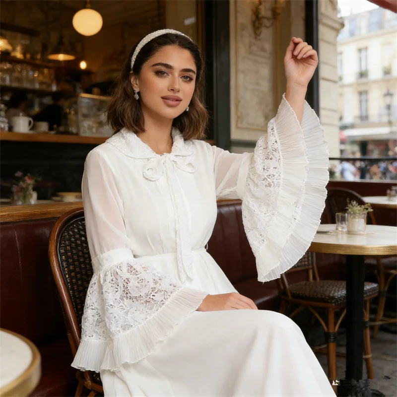 

Muslim Evening Dresses for Women Lace Flare Sleeve Party Gown Dubai Abaya Turkey Kaftan Eid Djellaba Islam Jalabiya Vestidos New