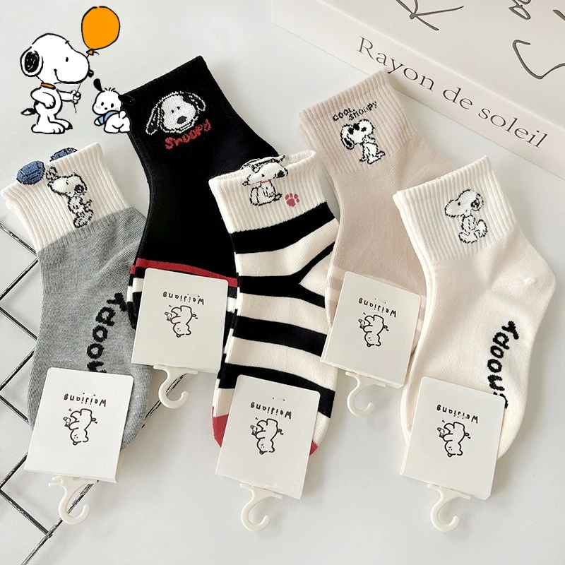

5 пар хлопковых носков Snoopy, повседневные дышащие носки до середины икры, высокое качество, удобные детские носки с героями мультфильмов аниме, подарки