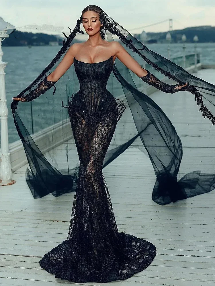 

Women Sexy Strapless Black Lace Celebrity Long Dress Wedding Dress Shooting 2023 Elegant Party Evening Stage Performance Costume