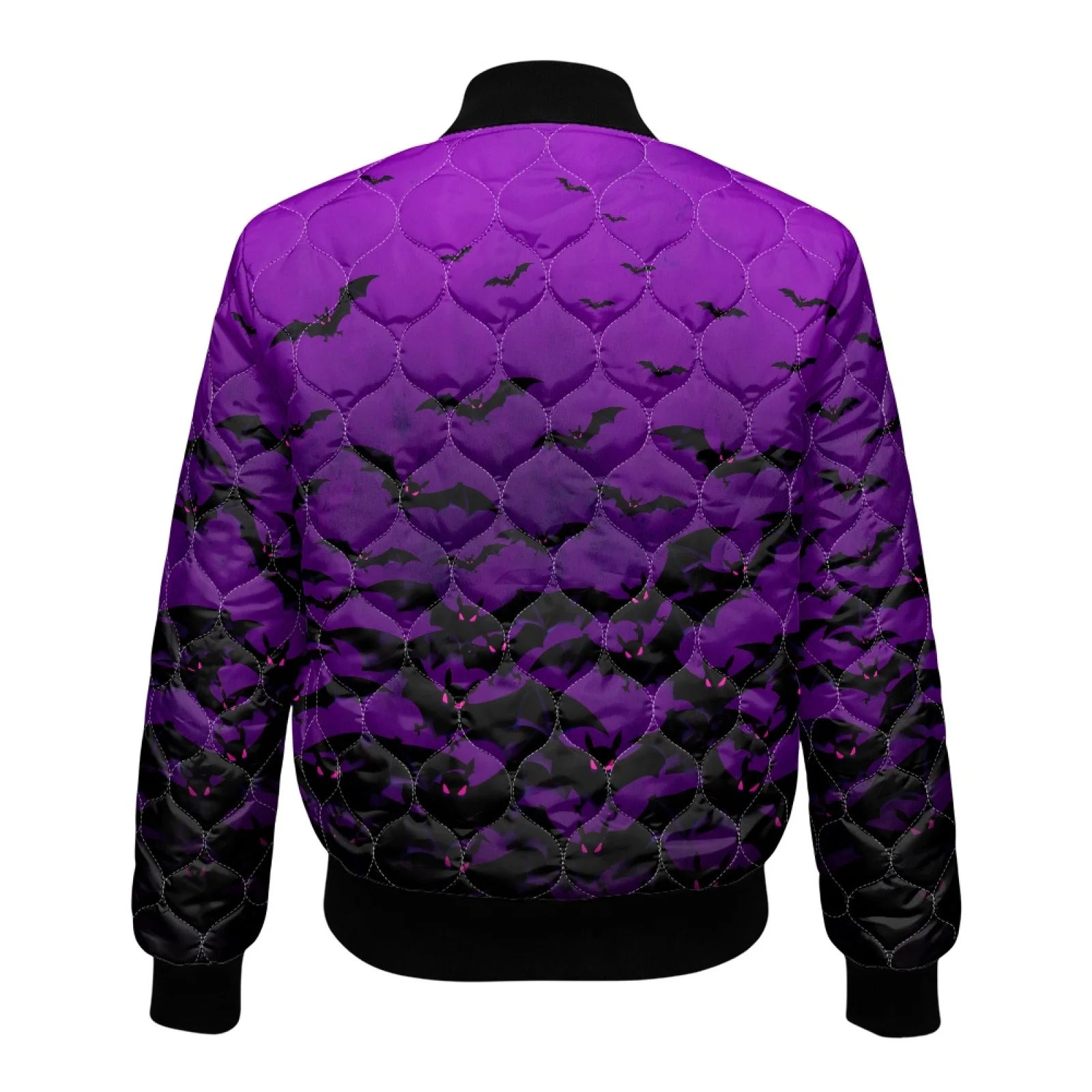 PENSTROLL Purple Bat Print Women Long Sleeve Zip Closure Padded Bomber Outerwear Versatile plus Size Fall Jackets for Vacation