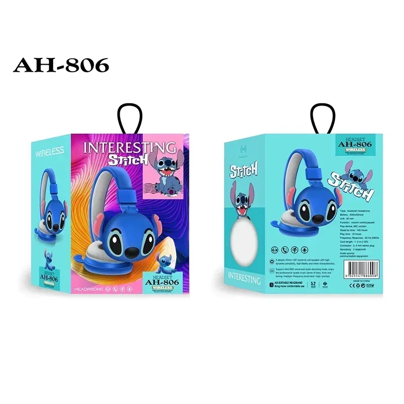 Disney stitch sem fio bluetooth fones de ouvido AH-806 alta fidelidade som estéreo dobrável com microfone anime dos desenhos animados crianças presente aniversário