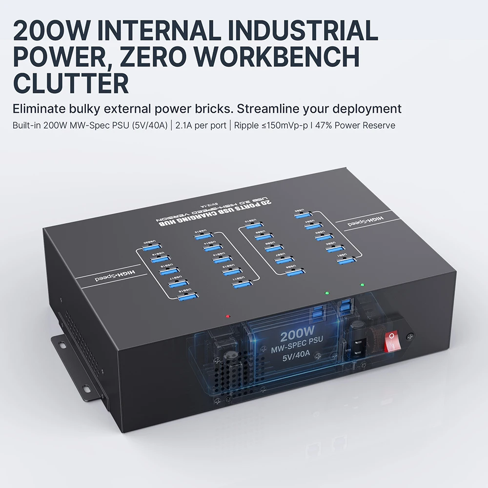 20 Port Industrial USB 3.0 Hub Powered Metal USB Charging Hub with 5Gbps Data Transfer