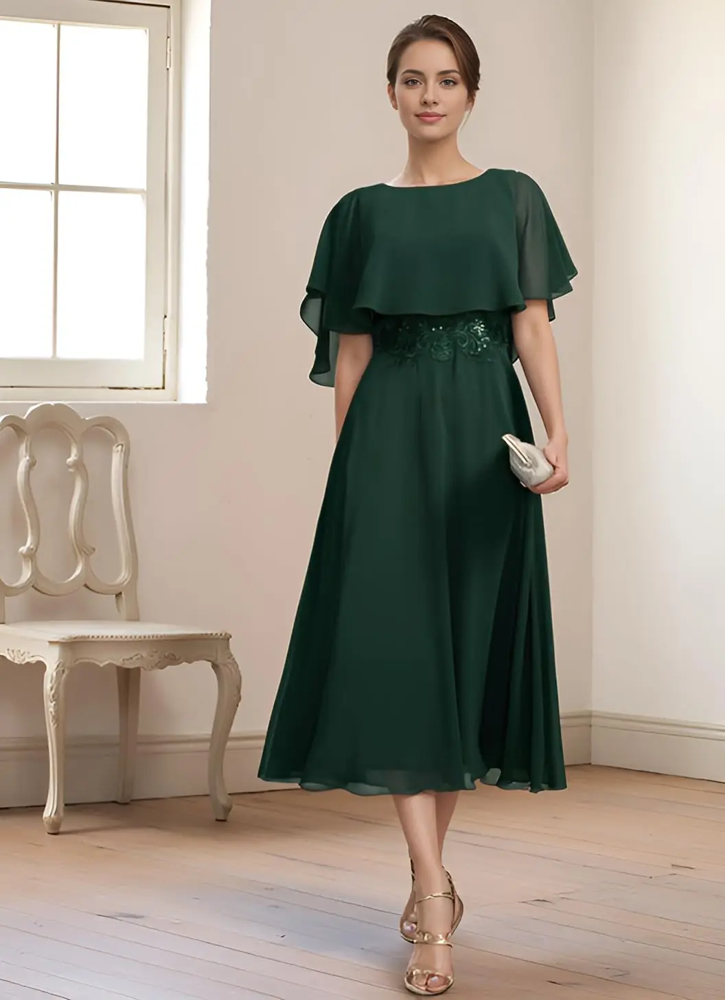 

Tea-Length Chiffon Mother of The Bride Dresses Appliques Shawl Formal Wedding Guest Dress