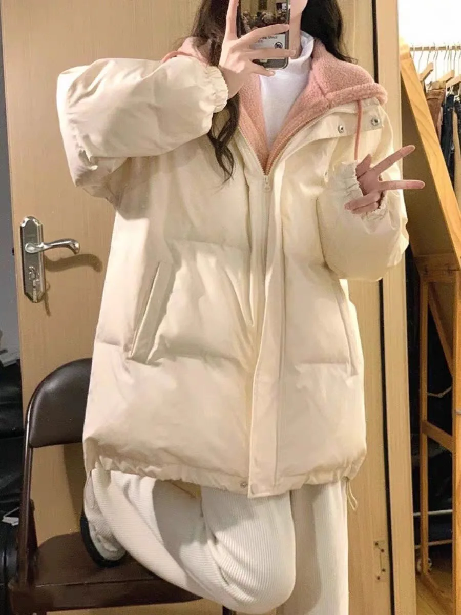 Nep twee donsjassen herfst winter nieuwe Koreaanse stijl kleur geblokkeerd losse jas dikke pluche modieuze katoenen jas met capuchon