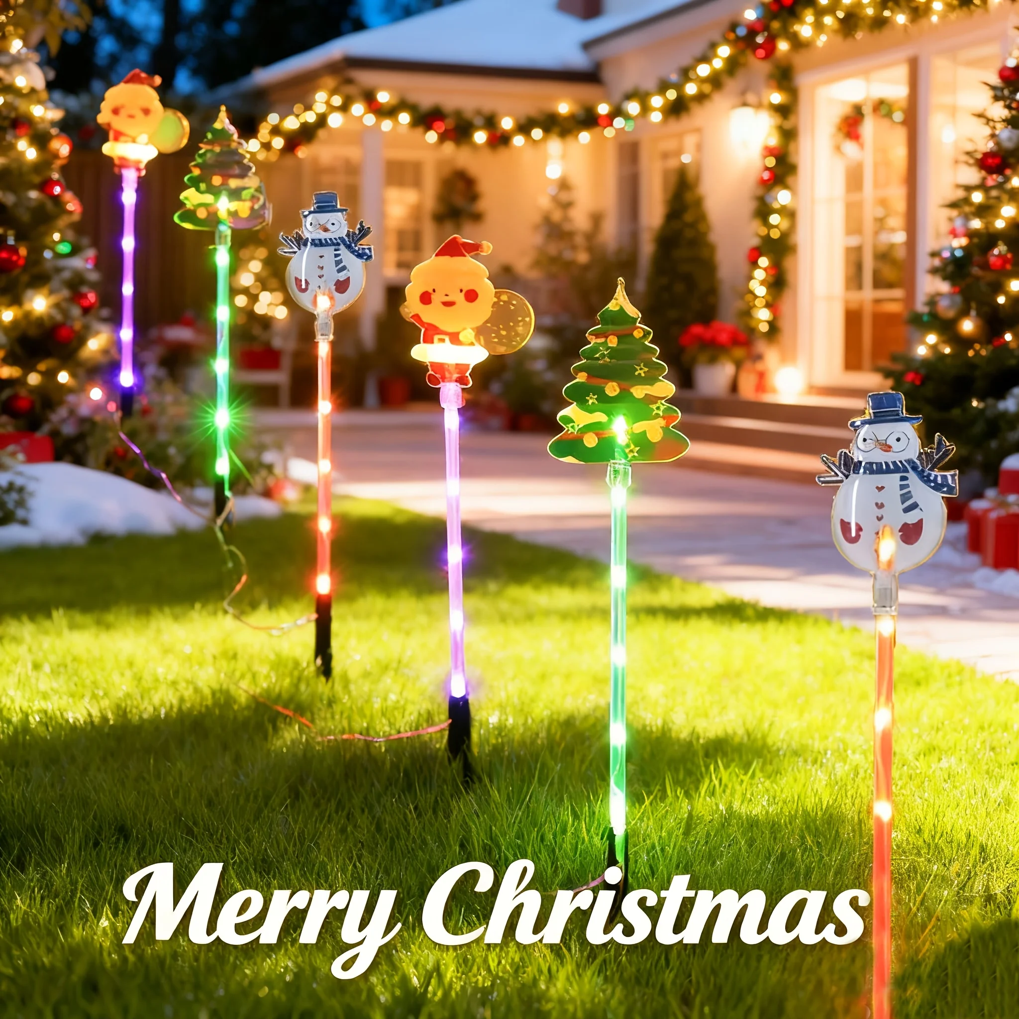 

Рождественские фонари на солнечной энергии (6 шт.) — милые формы Санта-Клауса/Снеговика/дерева, 8 режимов освещения, прочный пластик для улицы