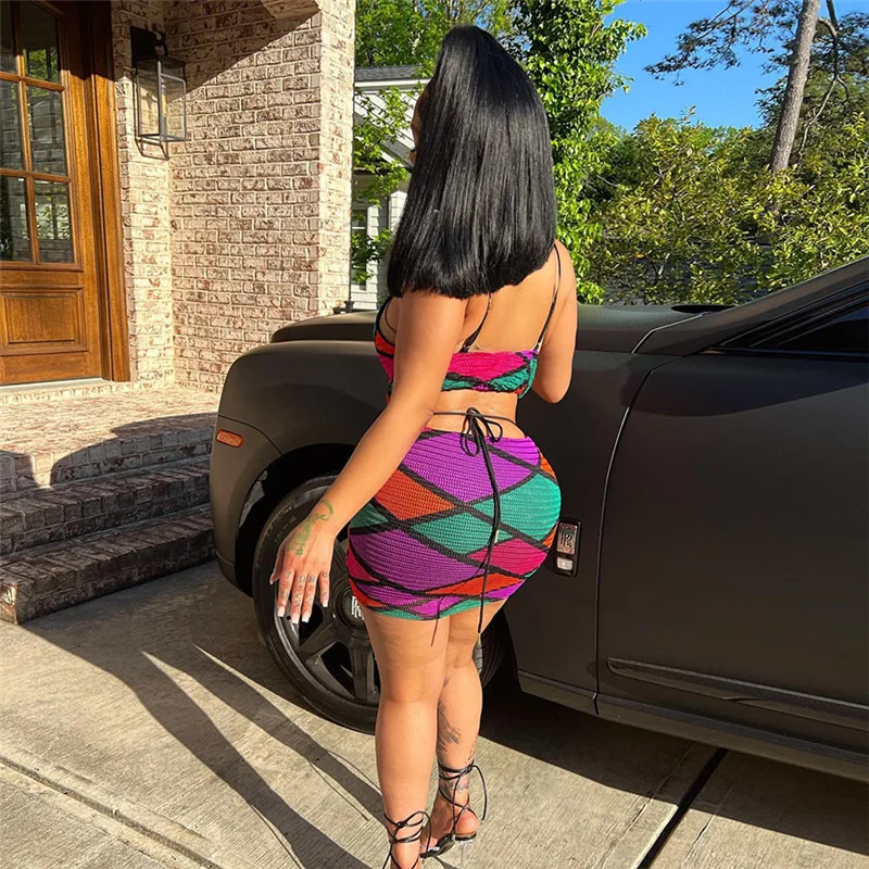 2023 Mesh Multi-Color Patchwork Mini Dress Women Sexy Spaghetti Strap Cut Out See Through Skinny Skirt Attirewear Female Mujer