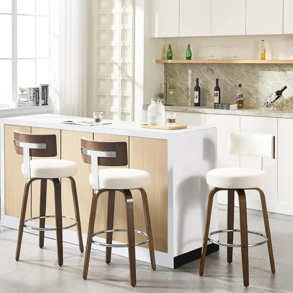 Swivel Counter Height Bar Stools Set of 3, Faux Leather Kitchen Stools Upholstered Barstools with Back, Walnut Wood Legs