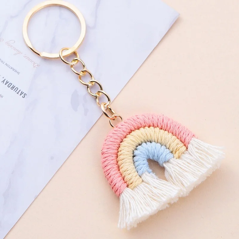 1PC Three Color Rainbow Handmade Woven Keychain DIY Knitted Cute Tassel Fashion Girl Portable Keychain