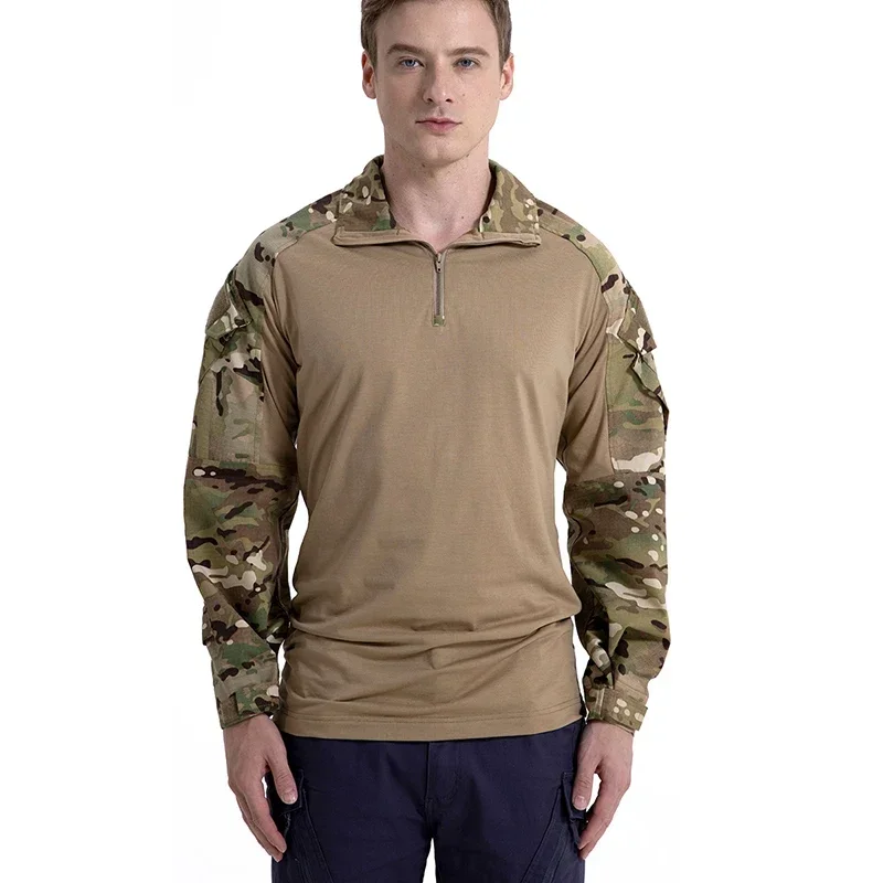 Maglietta tattica mimetica da uomo maglietta da combattimento a maniche lunghe con Zip 1/4 cotone Camo uniforme camicie softair abbigliamento uomo