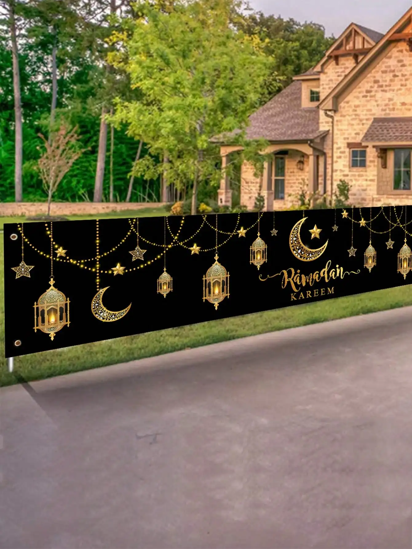 1Pc Ramadan Festival Outdoor Decoration Banner Ramadan Kareem Black Gold Star Moon Lantern Banner Muslim Festival Courtyard Party Decoration Flag