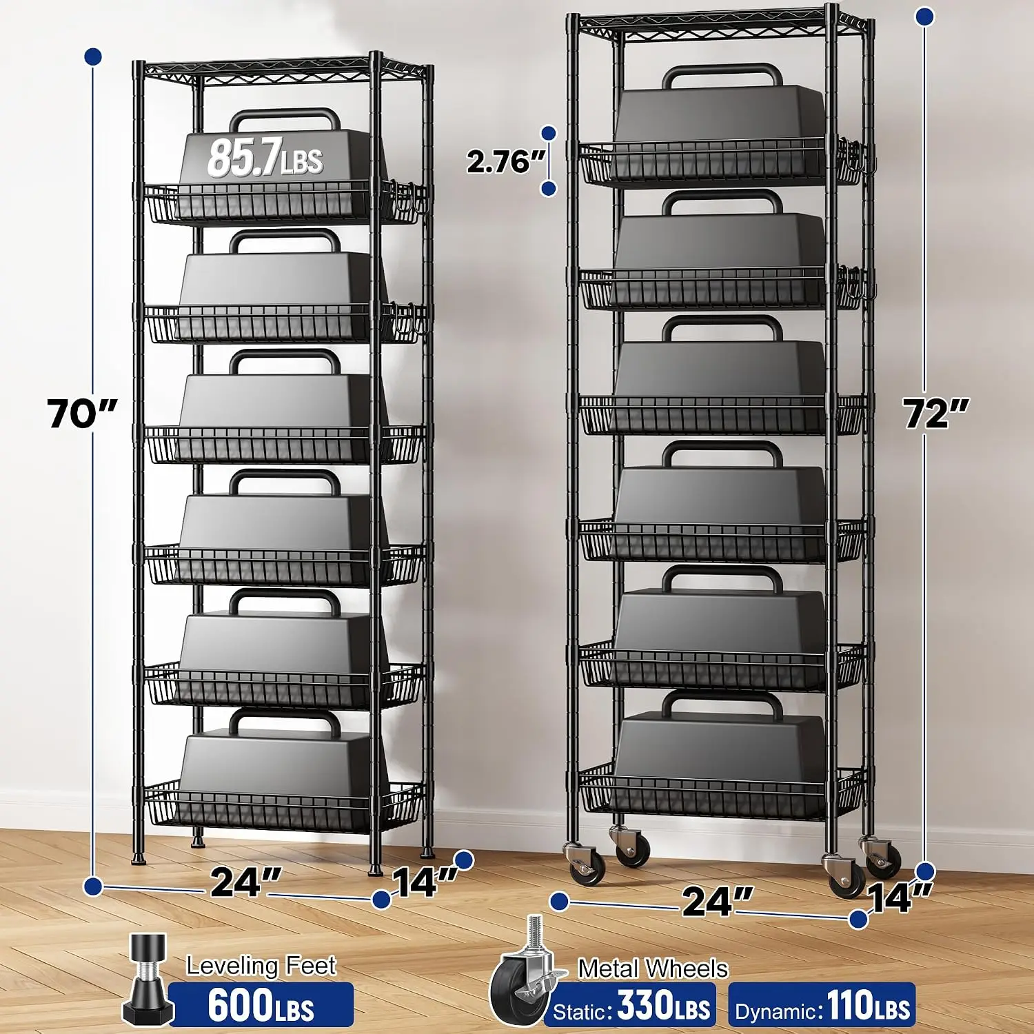 7 Tier Wire Basket Shelving Unit Heavy Duty Metal Frame Rolling Storage Rack Locking Wheels Waterproof Rust Proof Pantry Kitchen Bathroom Closet Organizer Black 4 Hooks