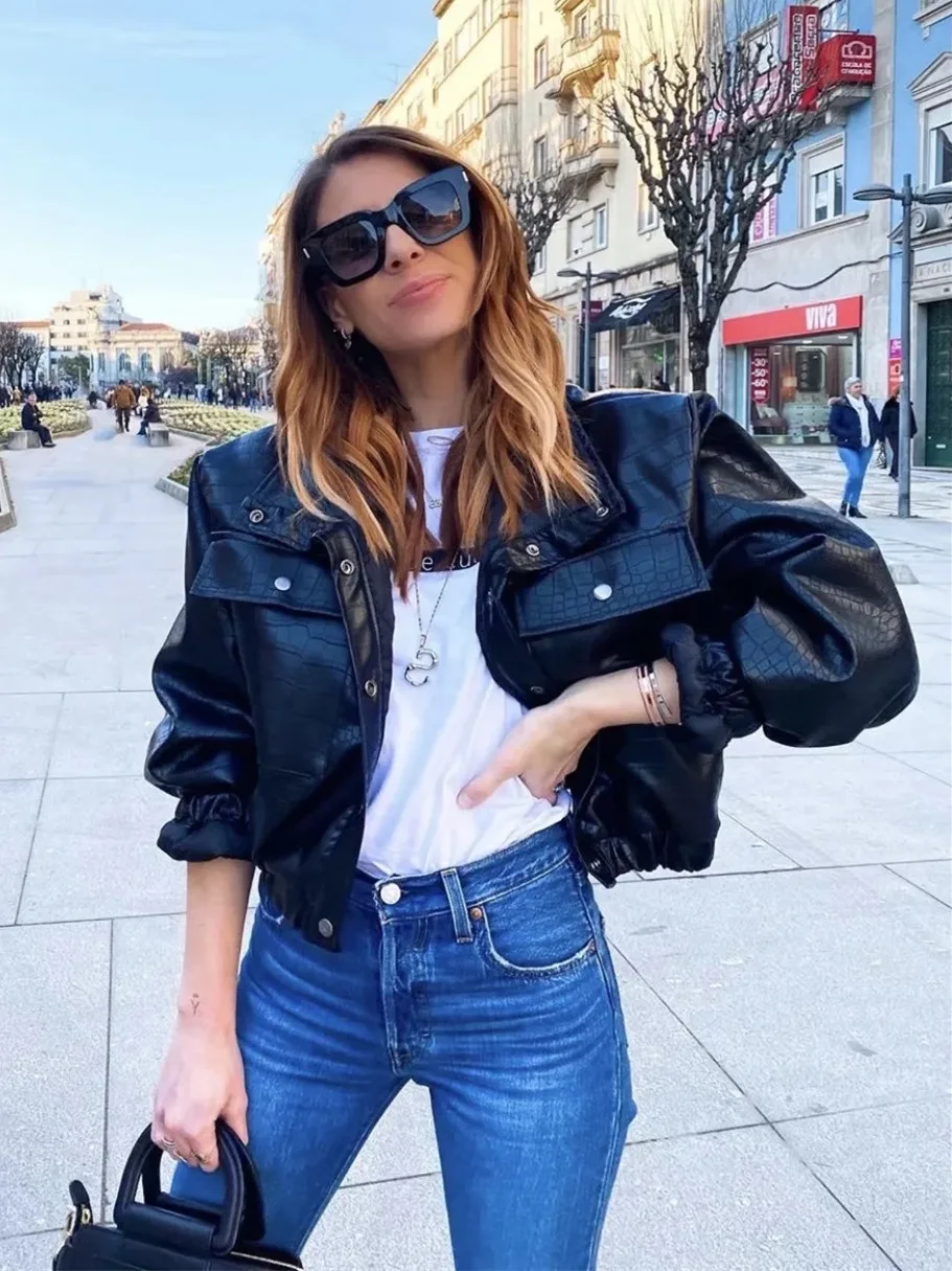 2021 Y2K COOL Women Plaid Embossing PU Leather Jacket With Quilted Lining Long Sleeve Cropped Coat Loose Short Outwear Black