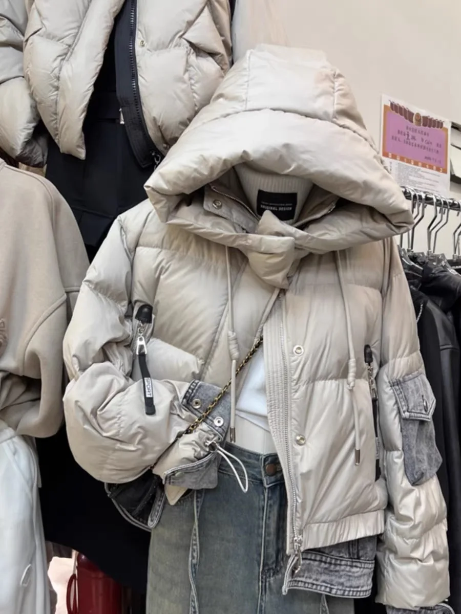 

Down Jacket Female 2023 Winter Fake Two Denim Splicing 90 White Duck Down Short Women'S Winter Warm Coat Puffer Jacket Parka