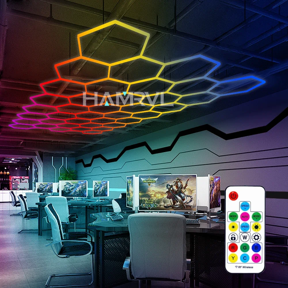 Hexagonal custom LED garage light,RGB ceiling light, color variation adjustable,multiple modes,gaming wall panel,home decoration