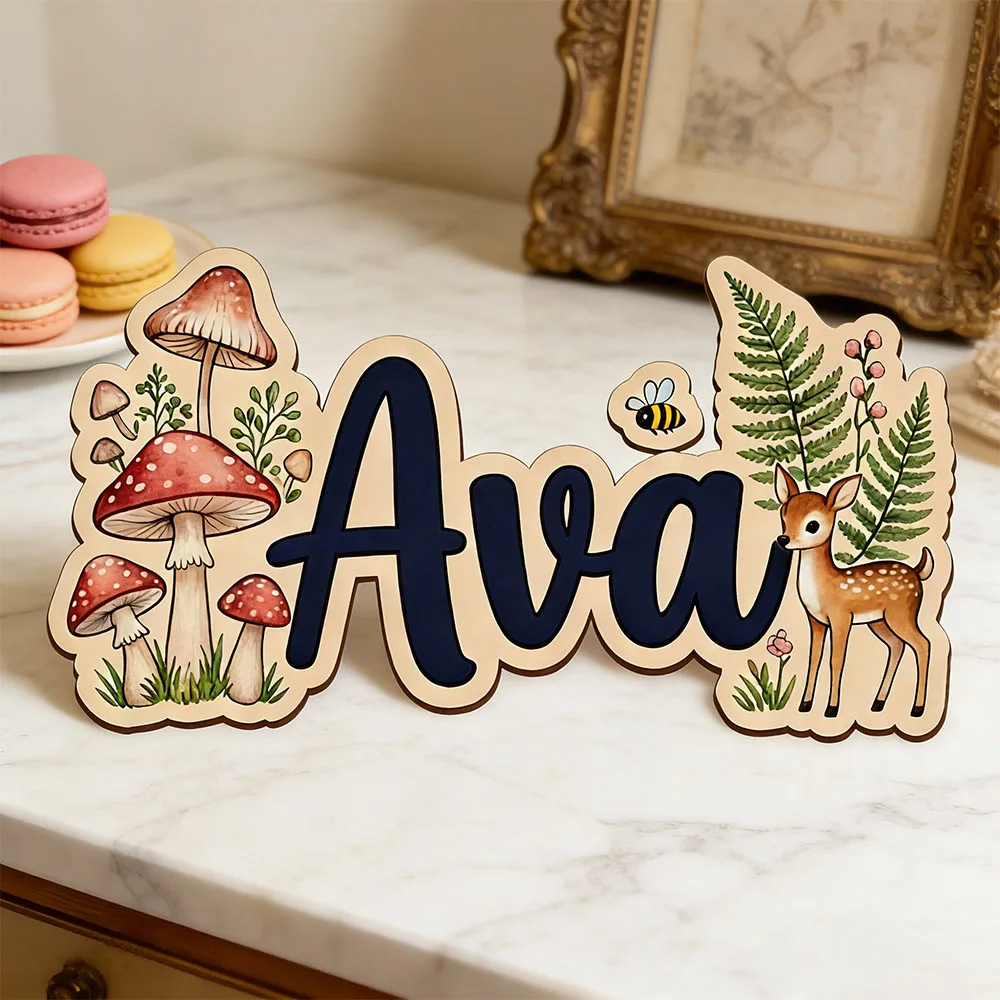 Custom Magical Forest Deer Mushroom Name Door Sign Woodland Nursery Wooden Plaque