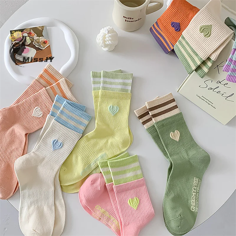 Japanese Sweet Style Women Socks Macaroon Color Love Heart Embroidered Cotton Sock Harajuku Striped Calcetines