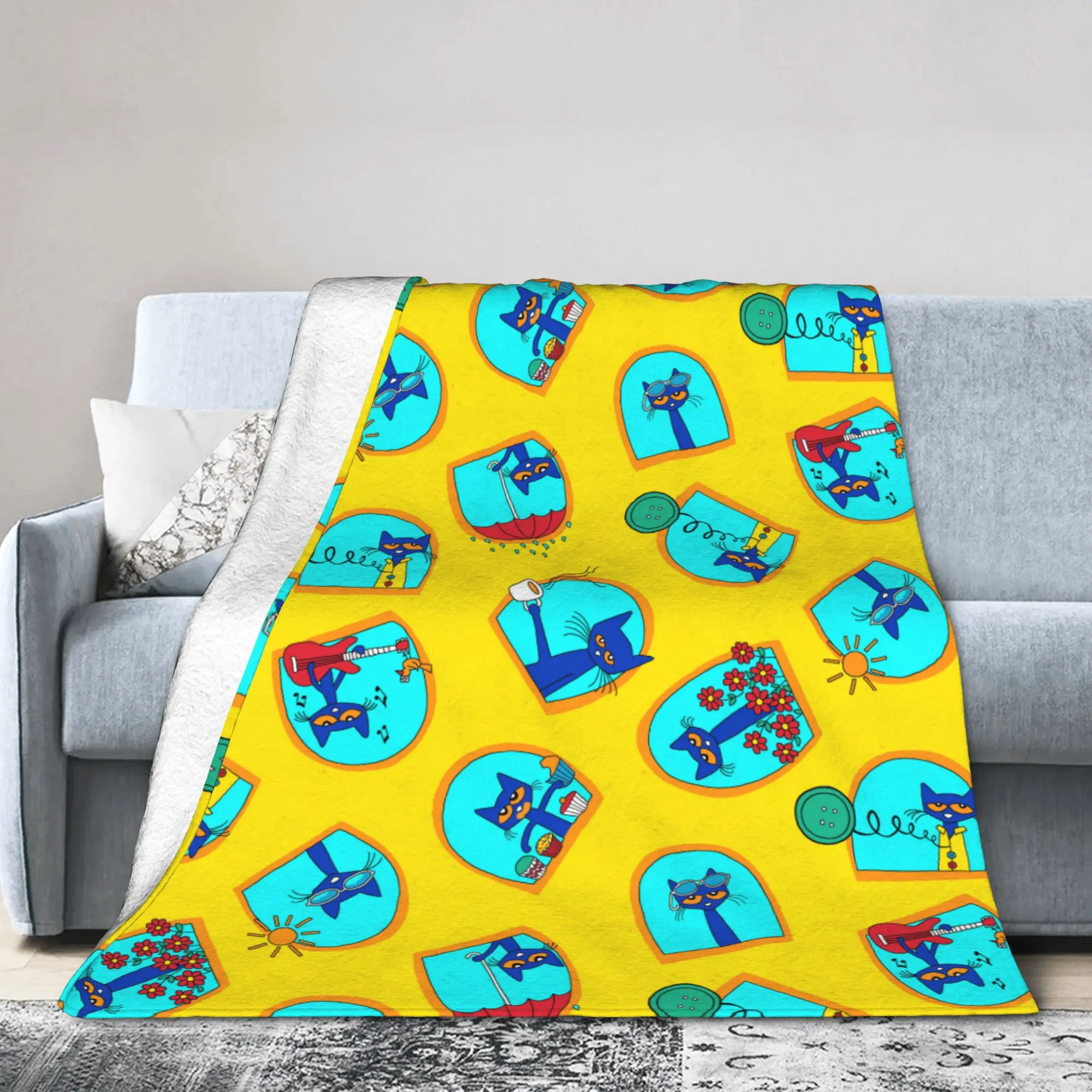 Pete the Cat   Blankets Cartoon Kitten Fuzzy Awesome Warm Throw Blanket for Chair Covering Sofa Summer