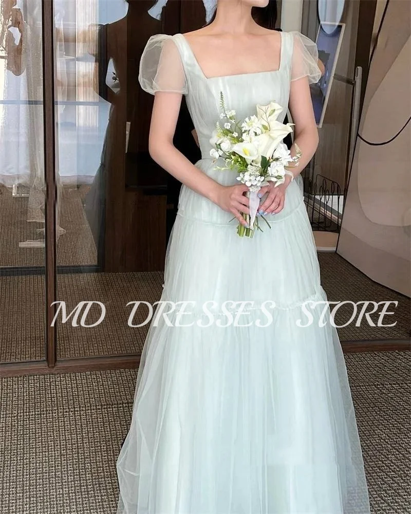 MD A-line Fairy Mint Green Wedding Dresses Puff Short Sleeves Bride Gowns Korea Tiered Photoshoot Square Neck Customized 2025