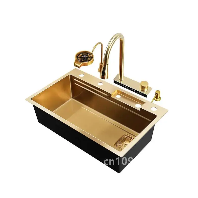 Gold 304 Stainless Steel kitchen Waterfall Sink,Vegetable Washing Basin,Large Single Slot,Middle And Lower Basin,Thickened