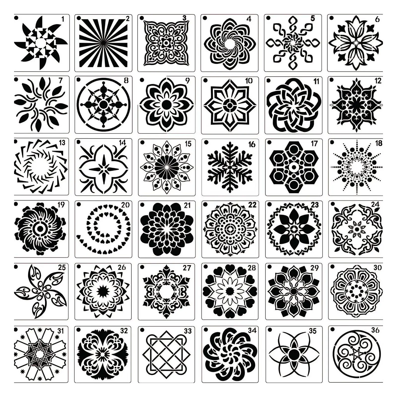 36-Pack (3.6x3.6 Inch) Painting Drawing Stencils Mandala Template for Stones Floor Wall Tile Fabric Wood Burning Supplies
