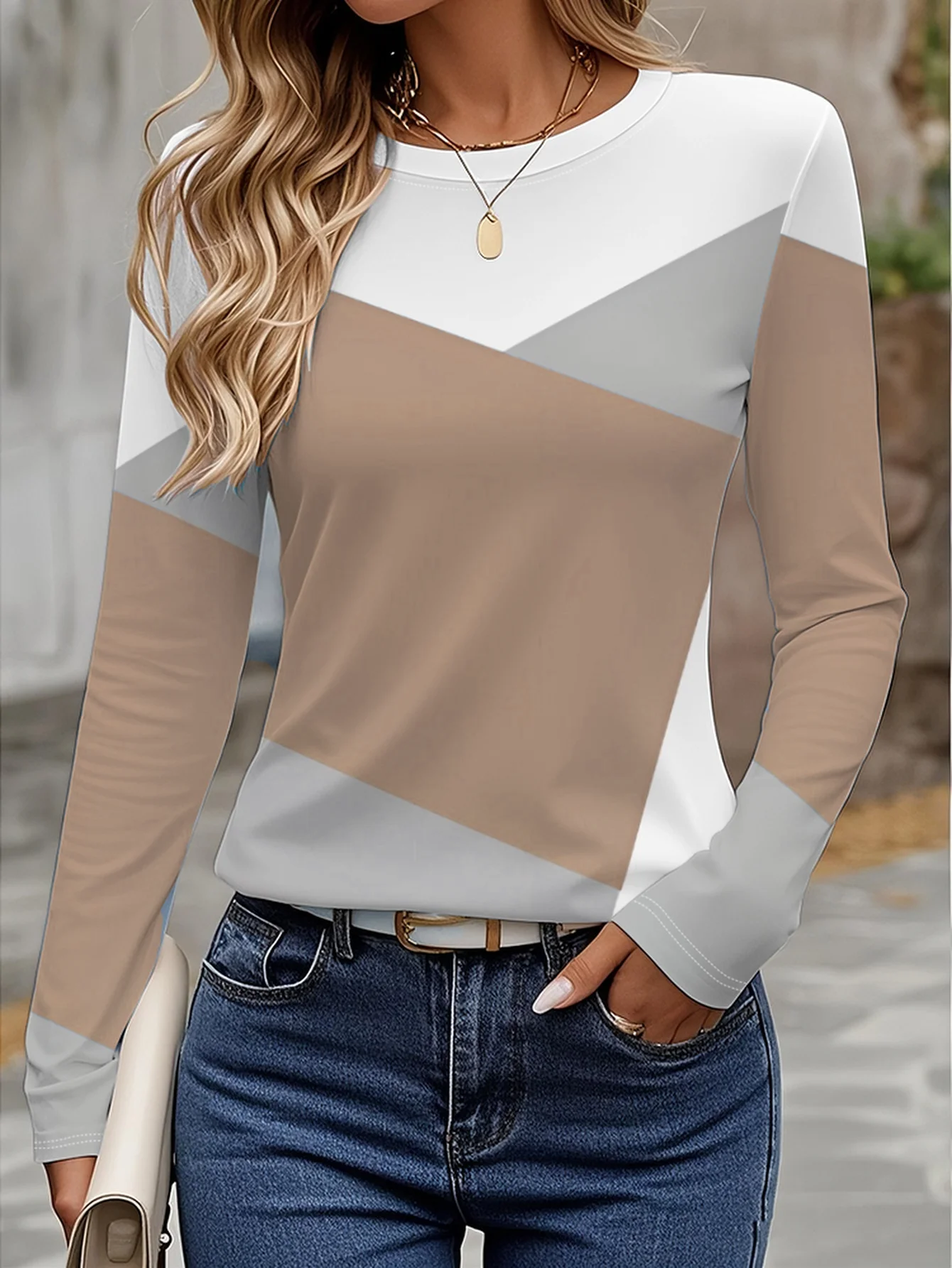 Women's 3D color block stitching T-shirt fashionable long-sleeved round neck regular tops holiday weekend spring and autumn