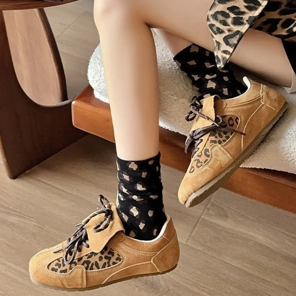 

5 Pairs Korean Style Leopard Print Socks Breathable Soft Famale Tube Socks Elastic Polyester-cotton Mid-Calf Socks Streetwear