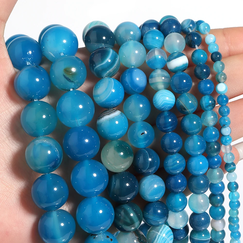 1 Strand Natural Stone Beads Blue Stripes Agates Beads Loose Spacer Beads For DIY Jewelry Making Bracelet Necklace Accessories