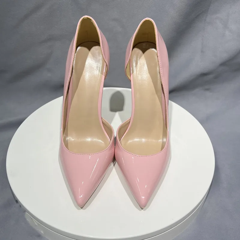 Tikicup Light Pink Patent Leather Women Sexy Pointy Toe Slip On High Heel Shoes Ladies Comfortable Stiletto Pumps 8cm 10cm 12cm