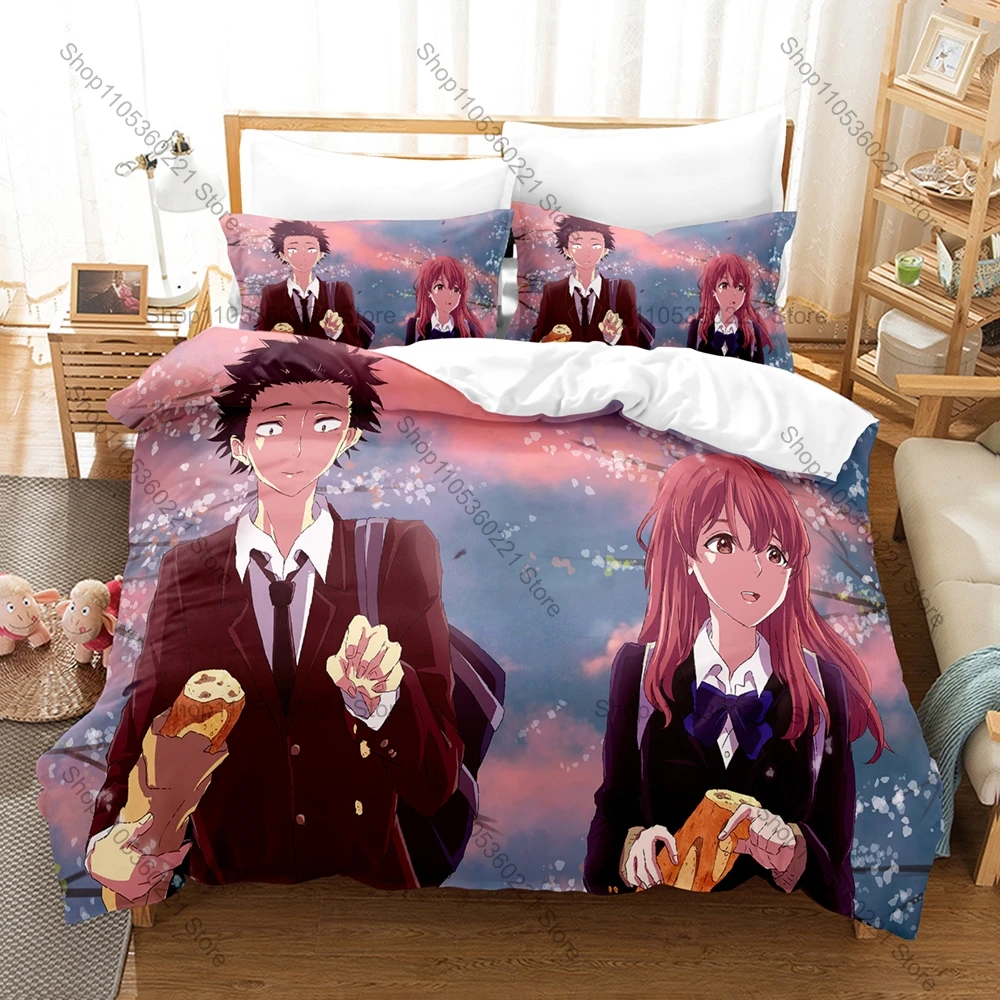 Cool Koe No Katachi Pastel Cherry Blossom Calm Healing Slice of Life Emotional Anime Aesthetic Bedding Set Duvet Cover 2 Pillowc
