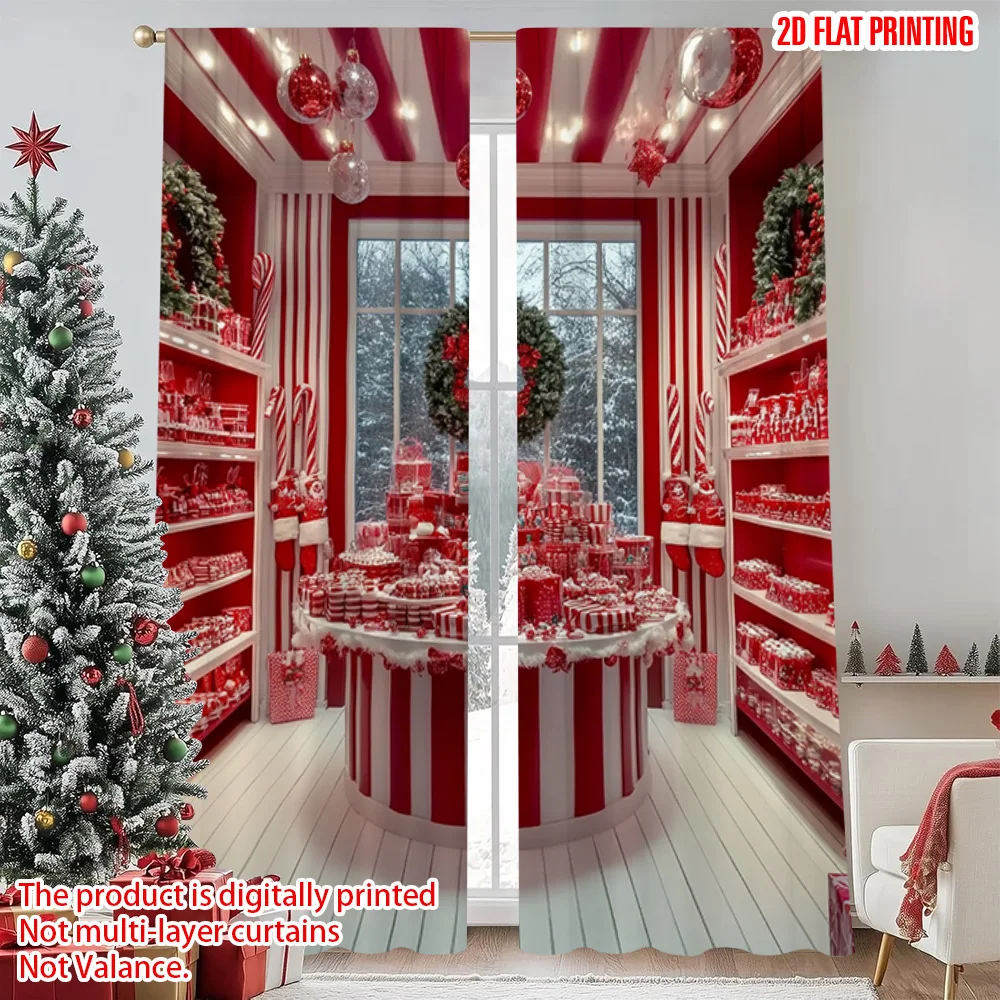 

2pcs 2D flat printing Christmas Window Curtains Candy Party Machine Washable Polyester Without Electricity Spring Use for