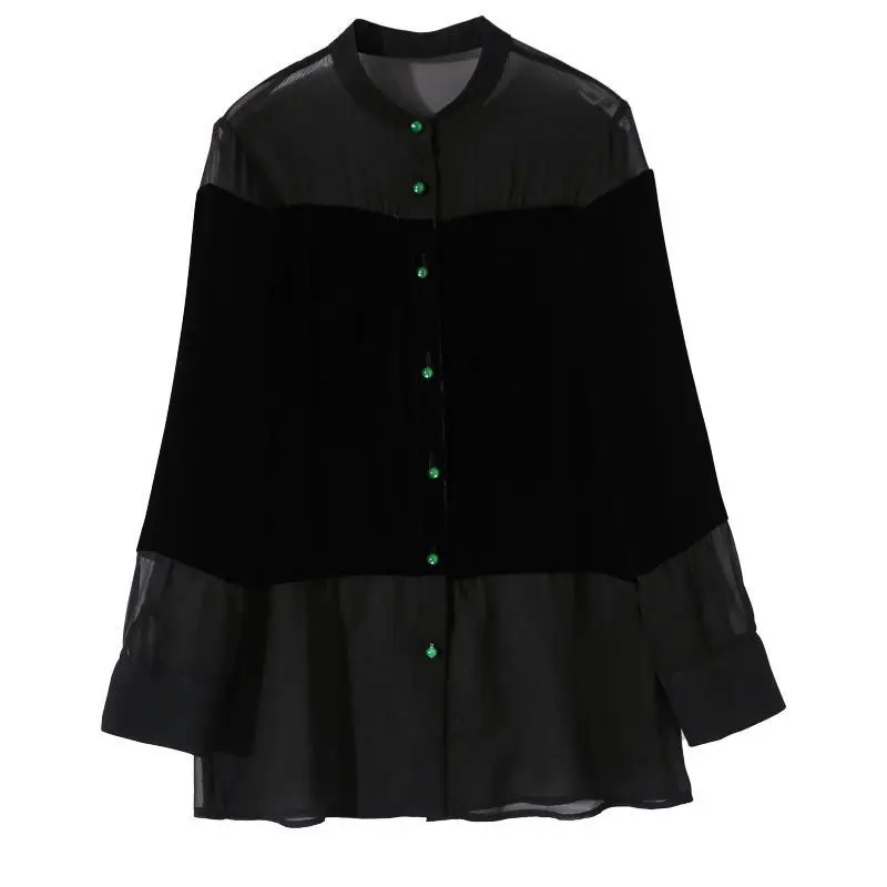 Female Clothing Sexy Gauze Sheer Blouse Chic Single-breasted Casual Solid Color 2022 Spring Autumn All-match Stand Collar Shirt