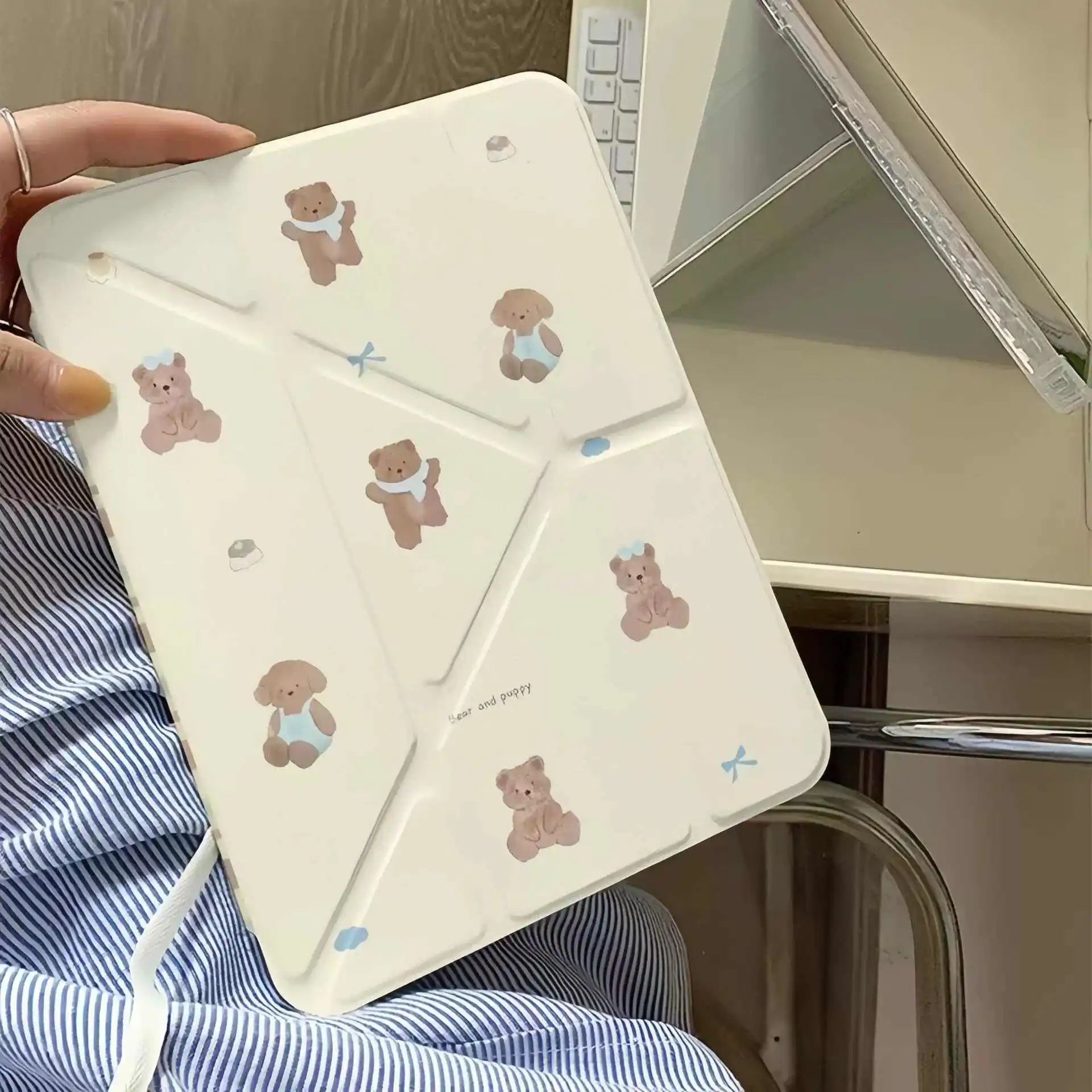 Line Cartoon Cute Bear Case 3+Y Fold For Samsung S8 S9 S11 S10 FE S6 Lite Tablet Case 10S 11 / S8PLUS / S6 Lite / A7 8 Case