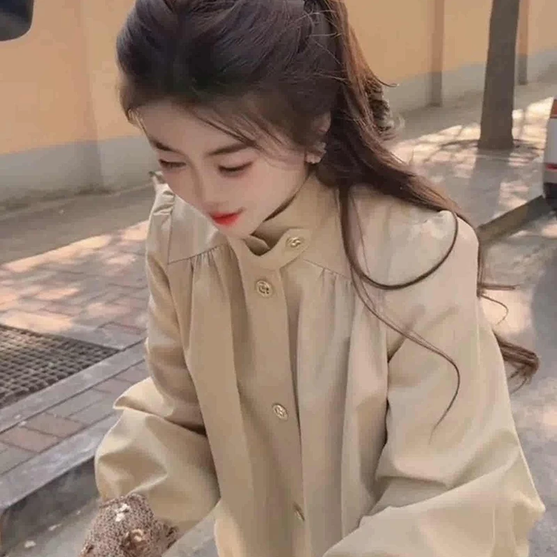 Faionable ort cáqui cor jaet 2025 novo coreano sle único ular bonito feminino irt casual solto ajuste longo sve