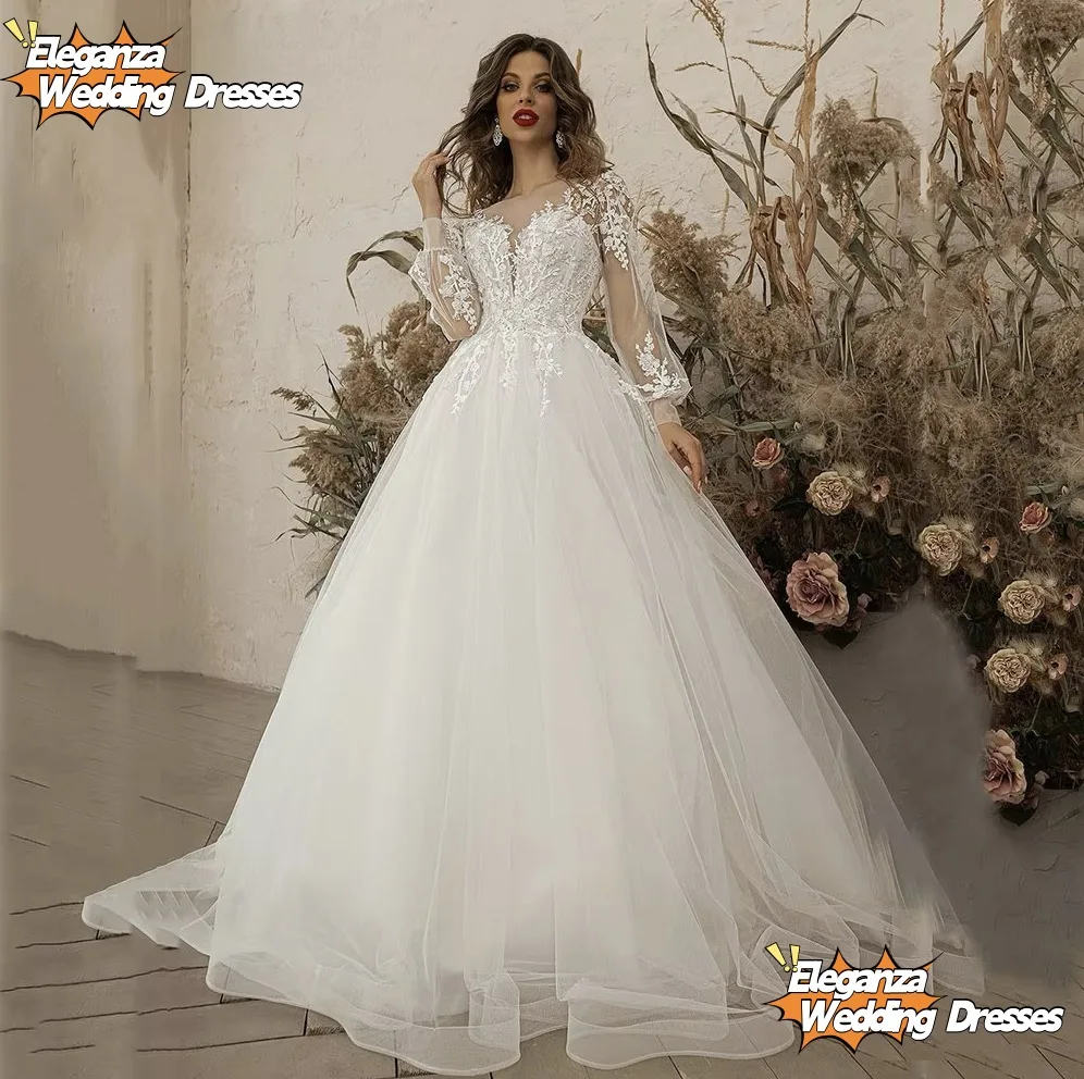 Customized  Exquisite Ivory Wedding Dresses Long Sleeve Appliques Lace 3D Flowers Modern Tulle Boho Bride Gown vestidos de novia