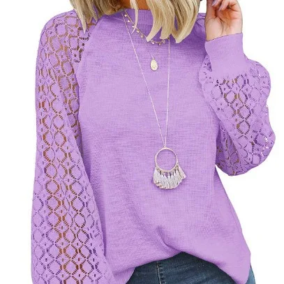 2025 Otoño e Invierno Playeras Para Mujer Casuales Color sólido hueco cuello redondo manga larga camiseta versátil desplazamientos de oficina