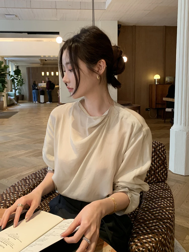

Slimming Chic Spring Simple Elegance Half High Collar Side Shoulder Dark Button Pleated Versatile Thin Long Sleeve Women's Shirt